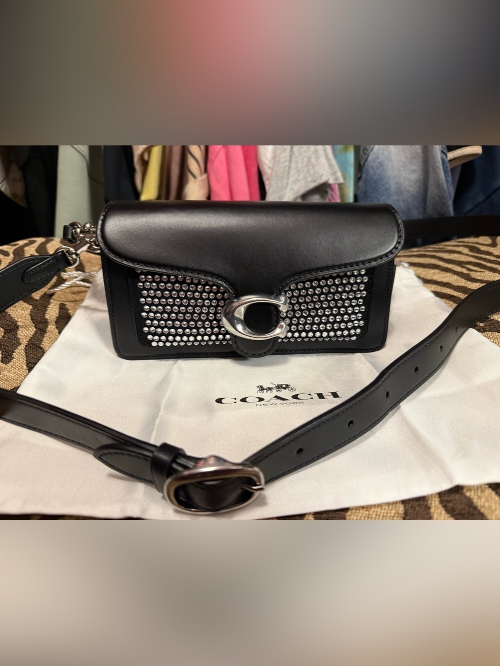 Coach Black Leather Crystal-Stud Belt Bag TABBY 20